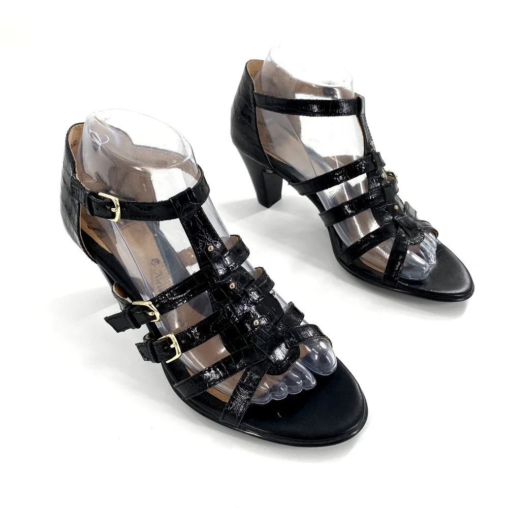 Sofft Womens Cage Strappy Heels Pumps Black Croc Embossed Leather Sz‎ 8M Comfort